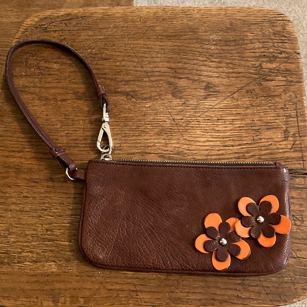 Miu Miu Pebbled Leather Zip Wristlet/Pouch w/Embellished Flowers Made In Italy
